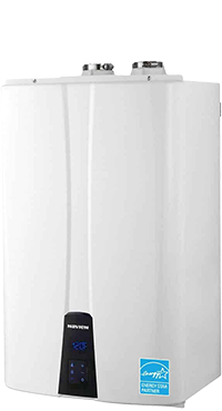 NAVIEN NPE 180S
High Efficiency Condensing Tankless Water Heater
• Max Input: 150,000 BTU/H
• ½ gas pipe capable up to 24′
• Field convertible gas system
• CH 40, 2″ venting up to 60′